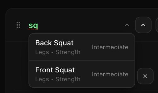 Exercise autocomplete interface showing intelligent suggestions from 500+ exercise library