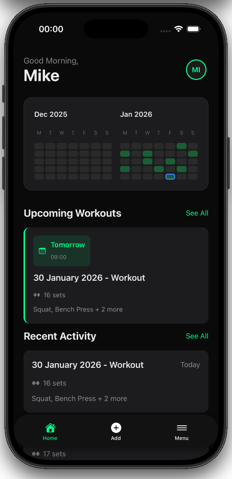 GymNote home screen with scheduled workout - plan workouts in advance