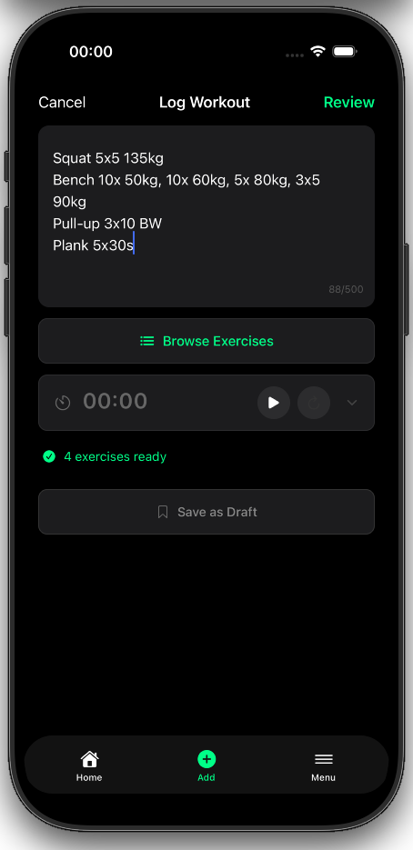 GymNote workout input screen - type exercises in natural language like 'Bench Press 3x8 80kg'