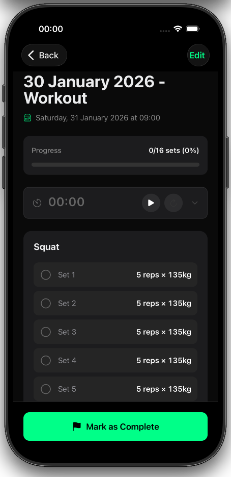 GymNote scheduled workout details - view and manage planned sessions